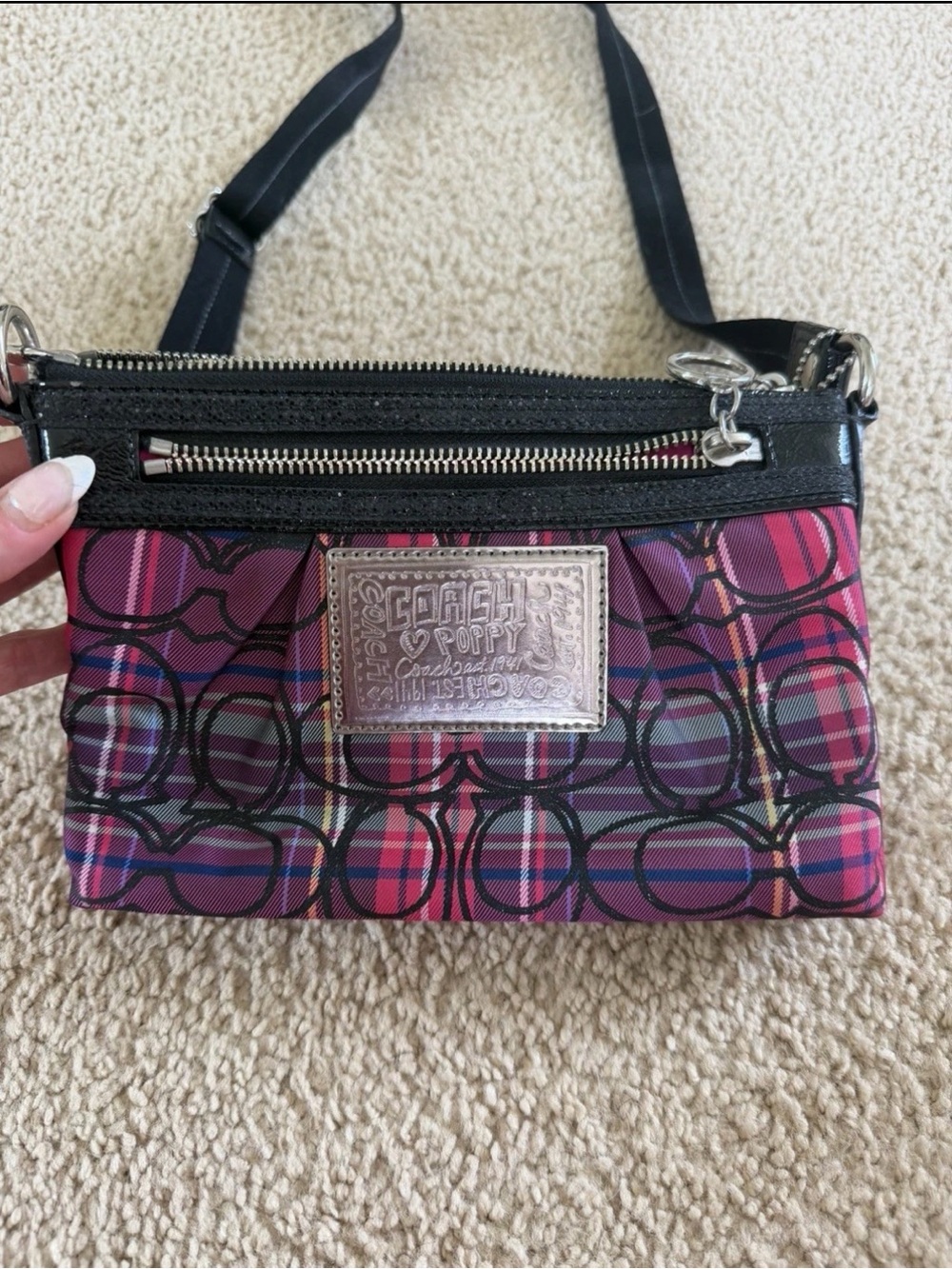 Coach Pink Plaid Signature Crossbody with Black Trim